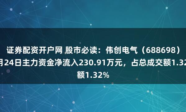 证券配资开户网 股市必读：伟创电气（688698）6月24日主力资金净流入230.91万元，占总成交额1.32%